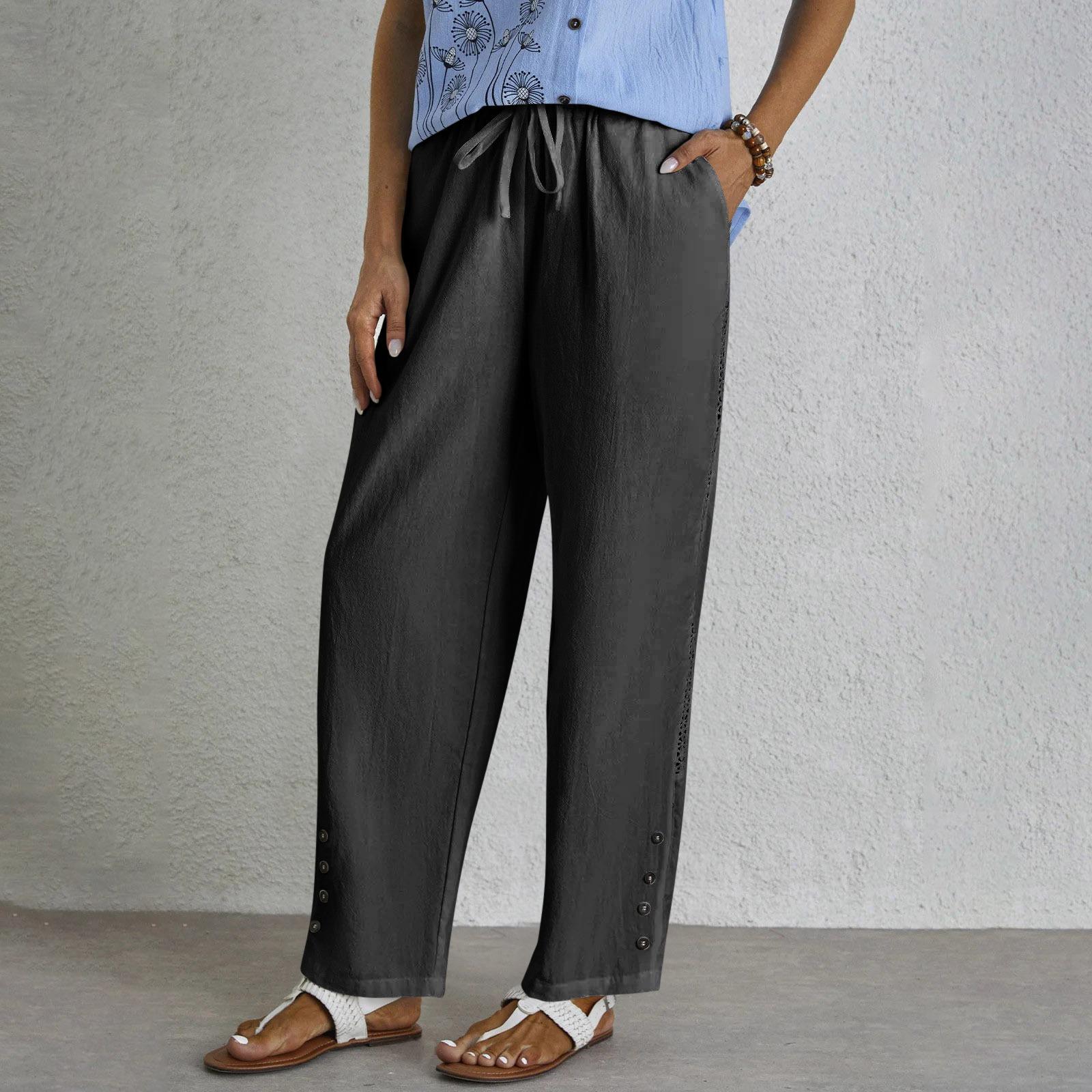 Women Cotton Linen Blend Straight Leg Casual Pants Drawstring Waist Button Detail S