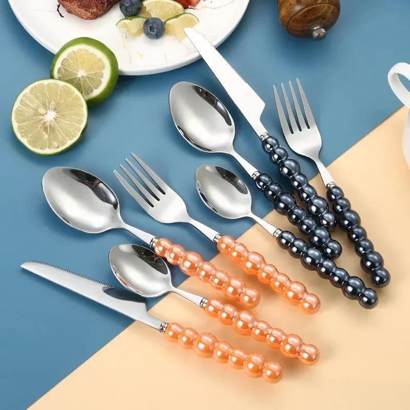 1Pcs Luxury Dinnerware Set Ceramic Pearl Handle Stainless Steel Spoon And Fork Set Western Silver Cutlery High-looking Tableware