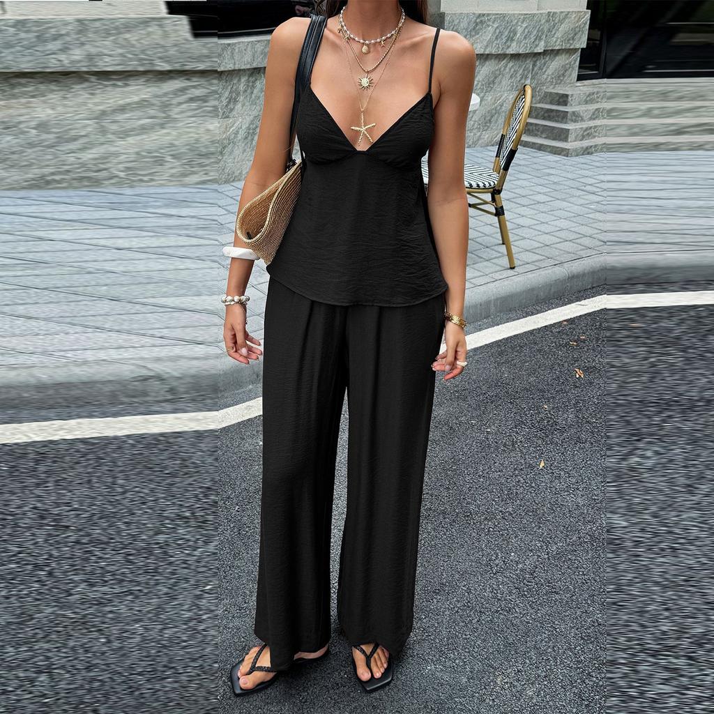 Damen Sommer Zweiteiler Ärmelloses V-Ausschnitt Camisole Top und Weite Hosen Leichte Lässige Urlaubsoutfit
