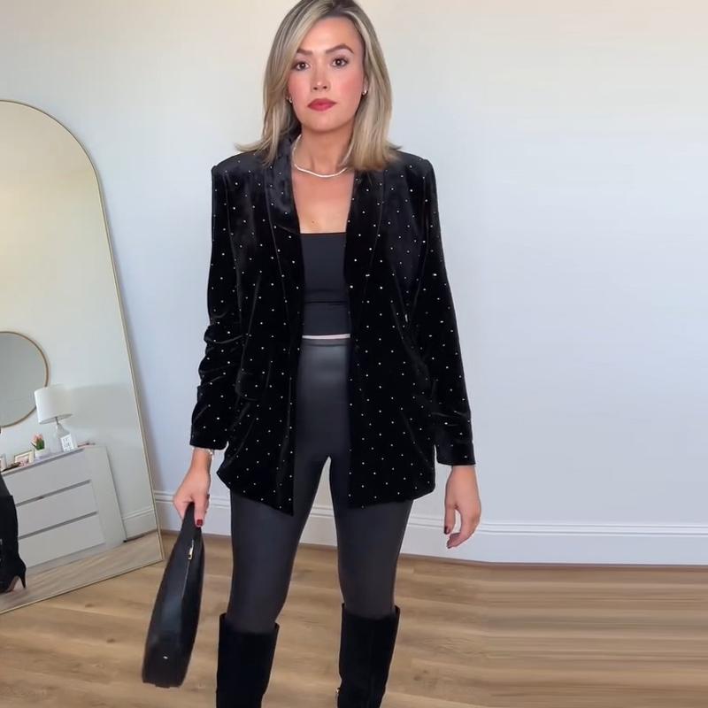Velvet Diamond Decorated Black Blazer Woman Loose V-neck Suit Coat Fashion Casual Full Sleeve Solid Jacket Commute Spring Autumn