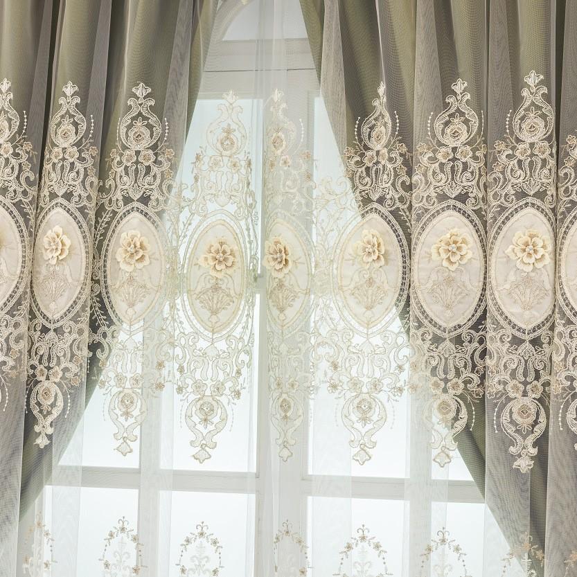 Elegant European Embroidery Double-Layer Curtains with Lace Trim - High Shading for Living Rooms and Bedrooms