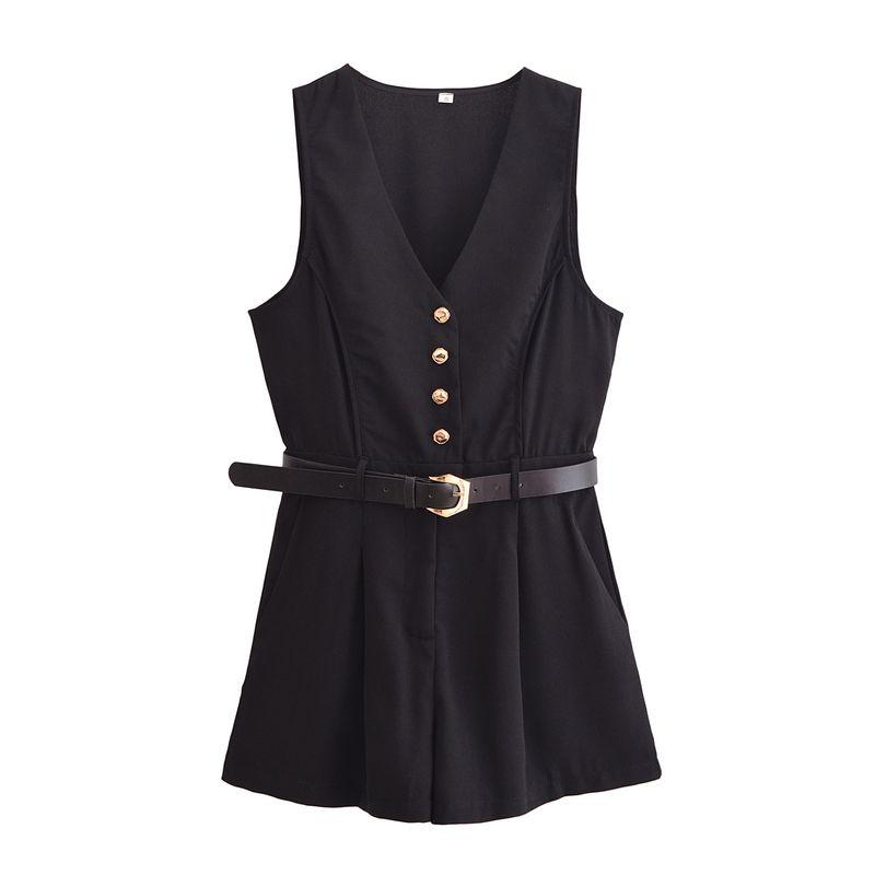Kaslead New Arrival Women's Clothing Fashion Style Fashion Minimalist V Neck with Belt Short Jumpsuit 3897161