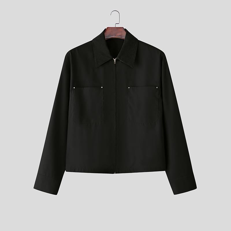 INCERUN Men Lapel Neck Long Sleeve Zipper Stitching Casual Cargo Jackets Coats 2XL чёрный