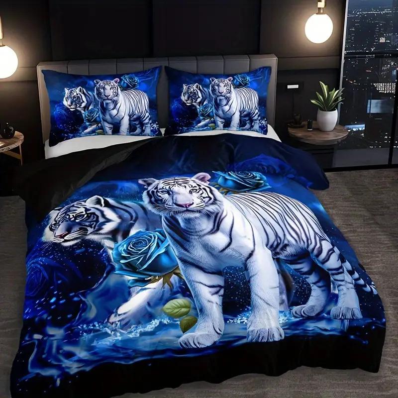 Blue Rose White Tiger High Definition Printed Duvet Set Three-piece Set Soft and Comfortable Bedding
