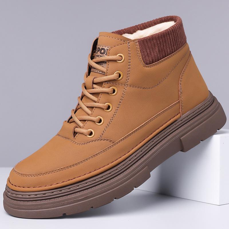 Fashion Designer Leather Velvet Warm Platform Boots for Men Autumn Winter Soft-soled Men's Cotton Shoes Fashion Yellow Ankle Boots Male