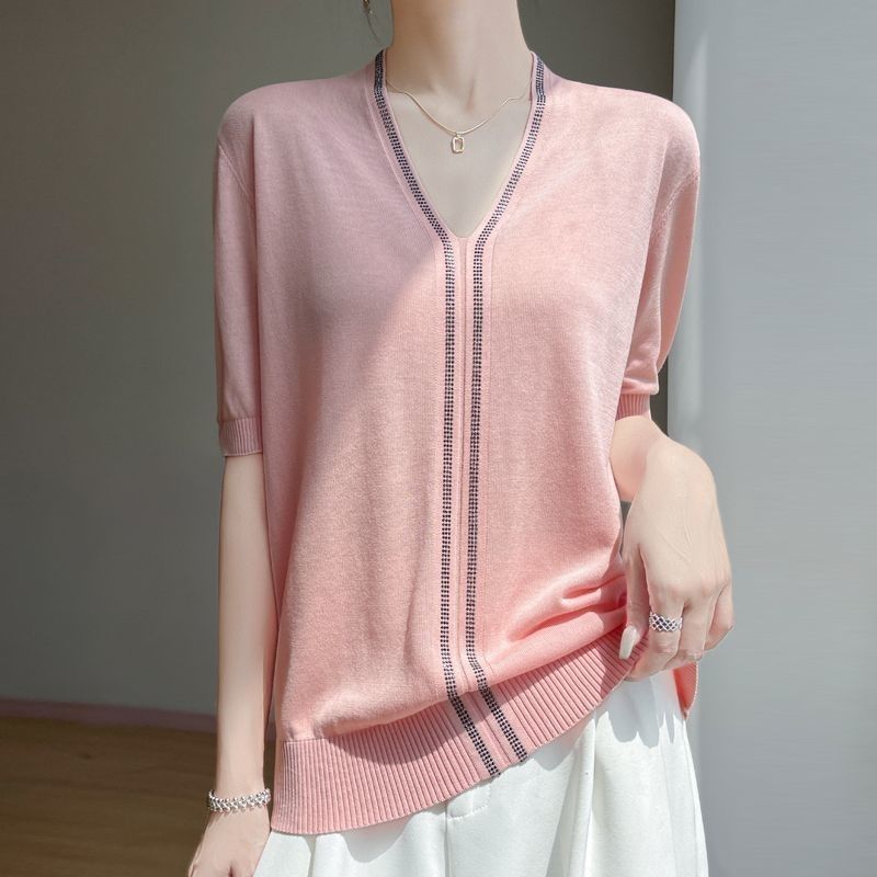 Summer Women's Silk Knit Sweater Short Sleeve V-neck Diamond Knitted Sweater Loose Knit  T Shirt Top
