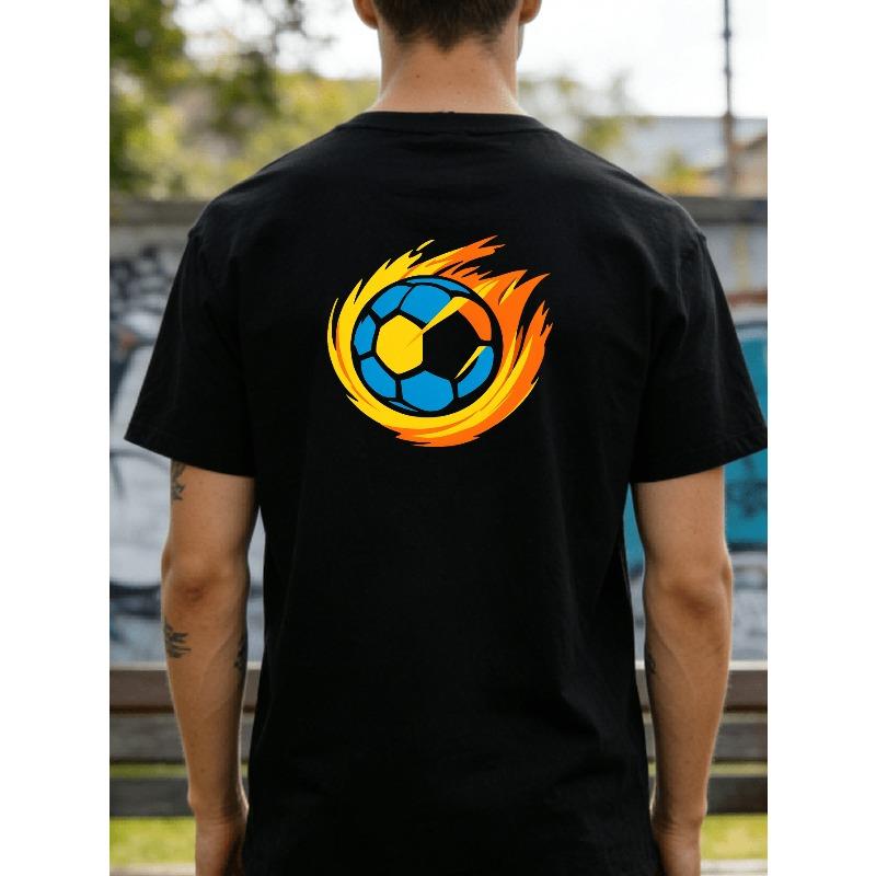 European sizes Men's Round Neck T-Shirt- White Football Flame Pattern Short Sleeve Shirt Casual Style for Sports Fans, for Sports Competition Wear