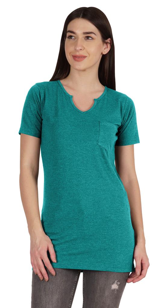 Inkmeso Long Length Notch Neck Top For Women Basic Cotton Tee Shirt w  Pocket Patch Legging