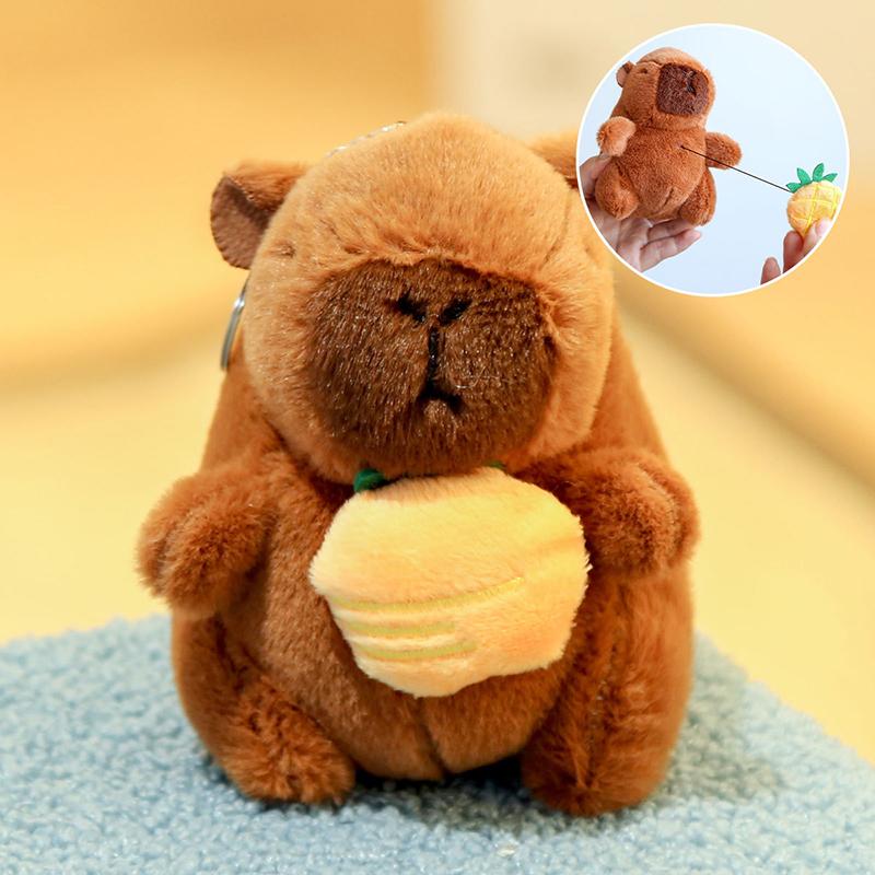 12Cm Cute Plush Capybara Holding Fruit Quick Pull Keychain Toy Cartoon Capybara Fluffty Animal Doll Plush Pendant Accessories