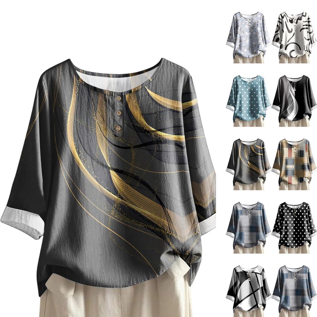 Damen Casual Dreiviertelarm Rundhals Farbverlauf Bedrucktes Baumwoll- und Leinenoberteil