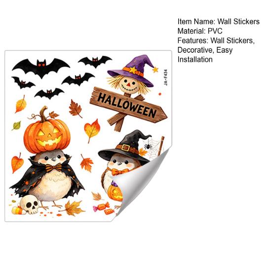 Easy Peel And Stick Wall Art Cartoon Halloween Sticker, Self Adhesive PVC Removable Decal, Wizard Holiday Atmosphere Decals Birds Scarecrows