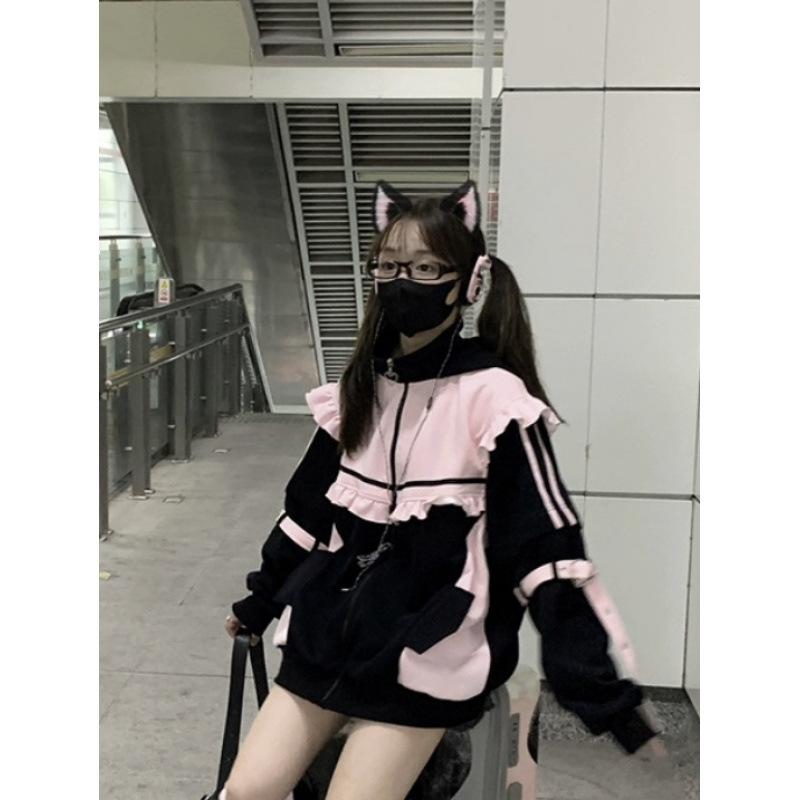 Women Japanese Sweet Coats Y2K Clothing Hoodie Tops Autumn Spring Color Match Splicing with Thick Velvet Cardigan Jackets