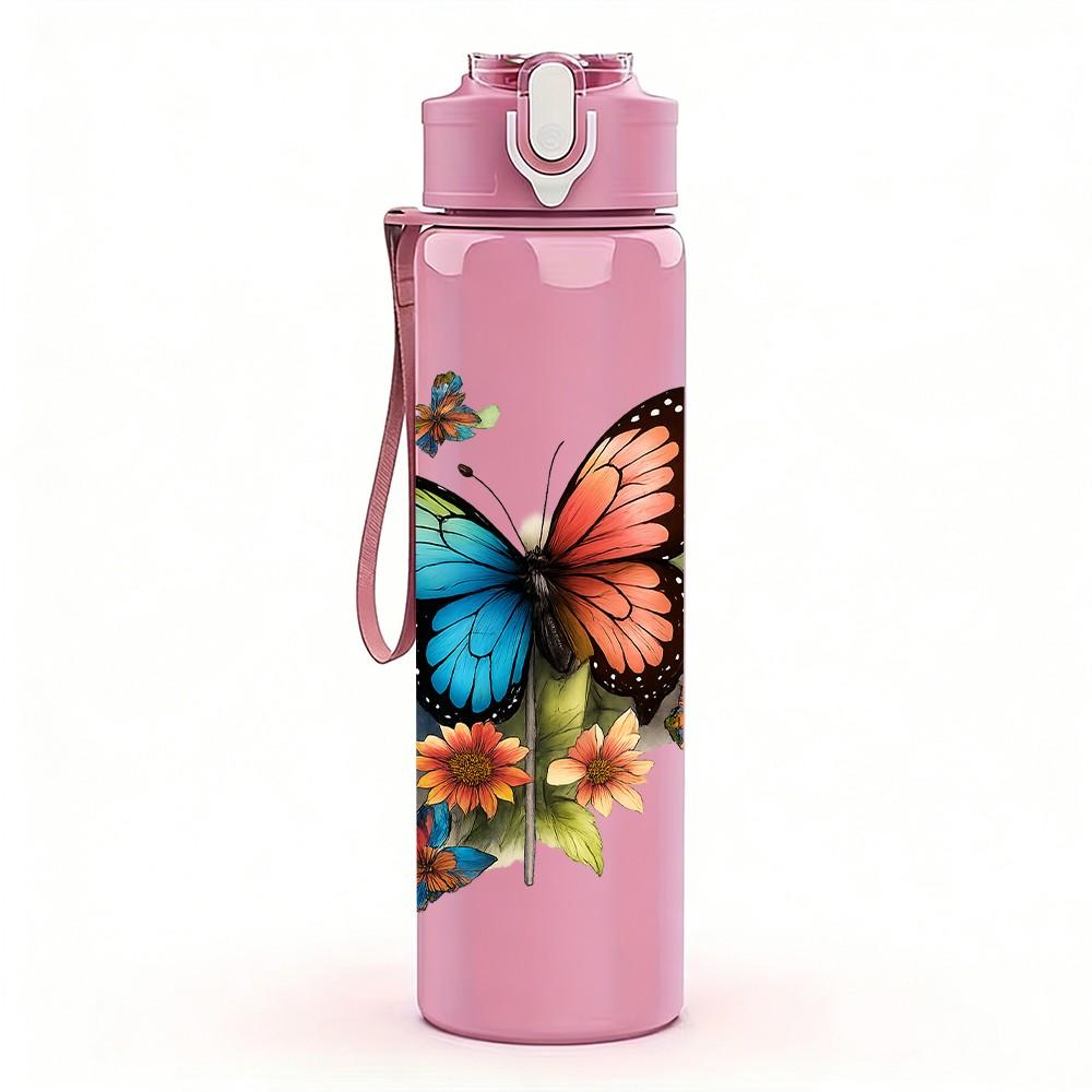 1PC Colorful Butterfly Art 750ml Color Plastic Sports Water Bottle Leakproof Flip Straw Lid Suitable for Sports Office Home Use