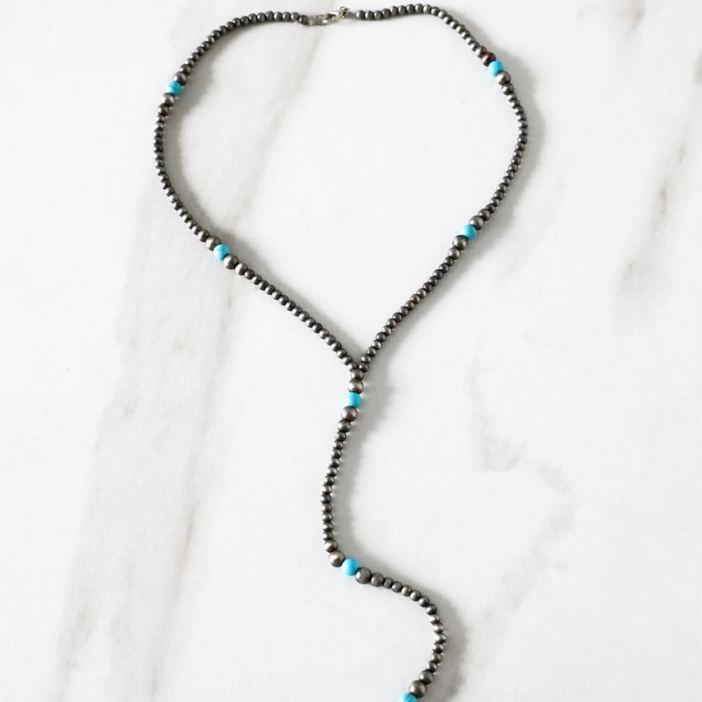 Versatile Sweater Chain, Western Denim Turquoise Stitching Geometric Navajo Pearl Long Necklace