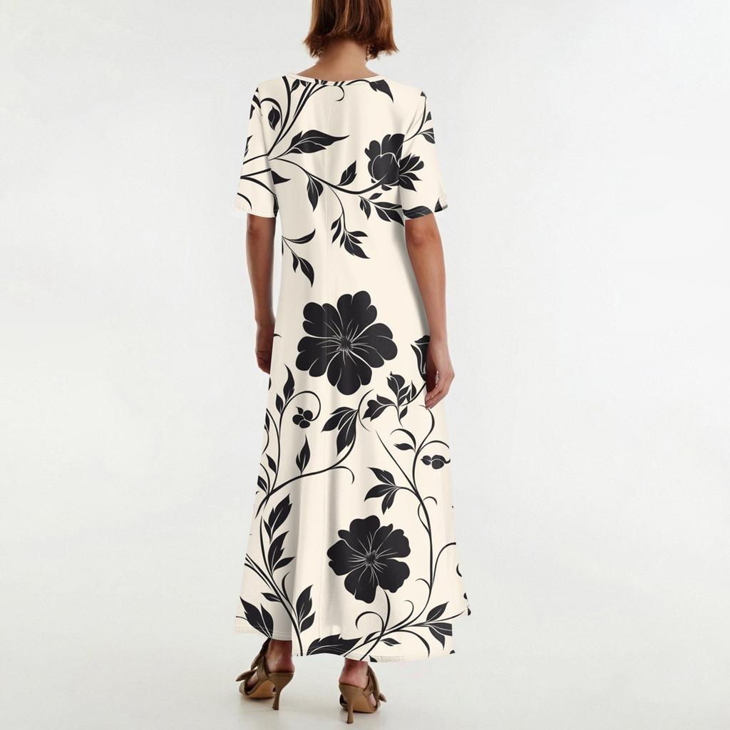 Dames Modieuze En Casual Lange Strandrok Ronde Hals Korte Mouwen Losse Retro Print Jurk