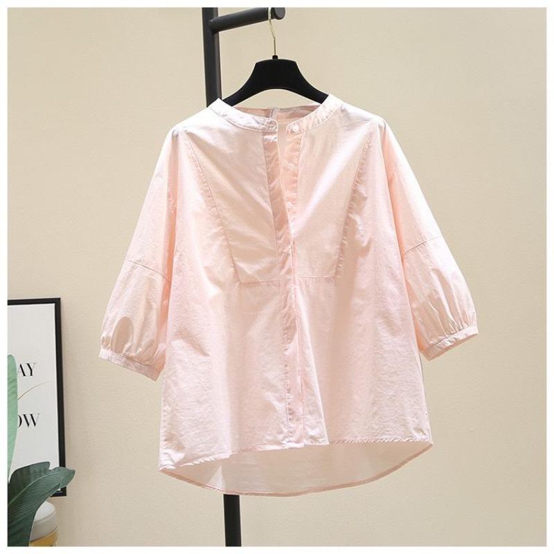 Women's Light Blue Round Neck Blouse 3/4 Puff Sleeves Loose Comfortable Casual Shirts