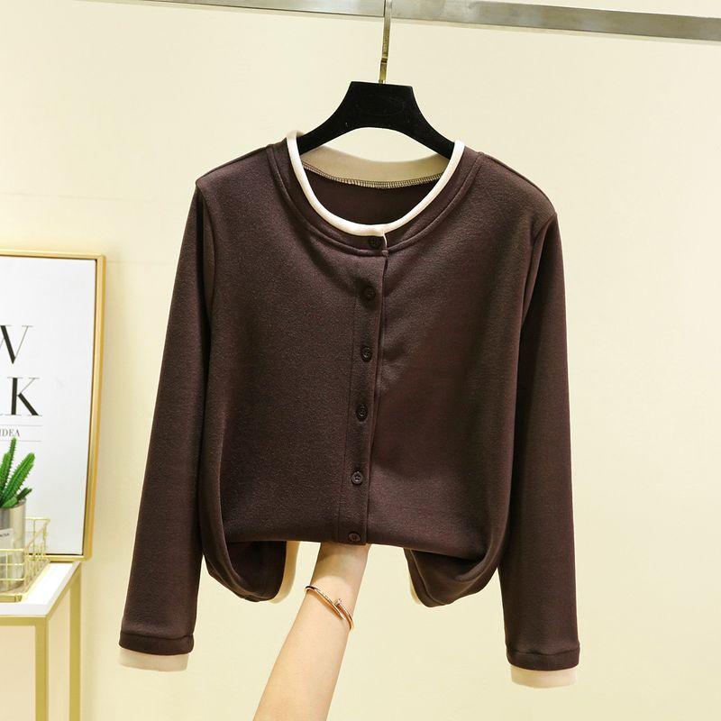 Double-sided Dralon Cardigan Top Long sleeve All-Matching Women Casual Age-Reducing Outerwear Loose Slimming round Neck Home Wear Top