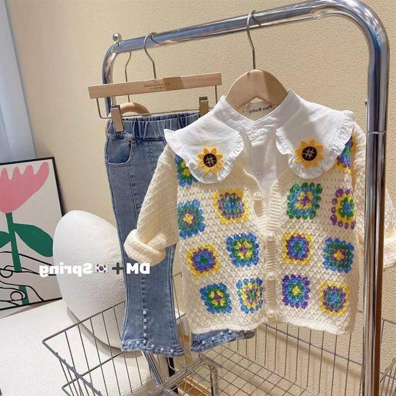 Girls Flower Sweater Cardigan Spring and Autumn Children Fashion Knitwear
