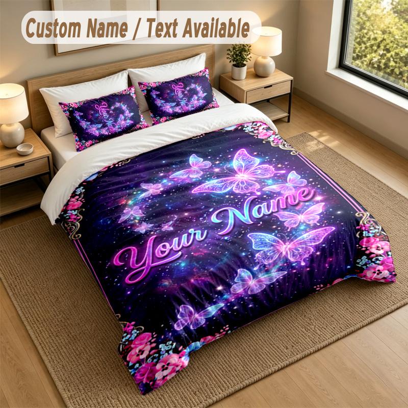 Butterfly Theme Personalized 3Pcs Bedding Set Custom Text & Name 1 Sheet 2 Pillowcases Household Bedding 1pc