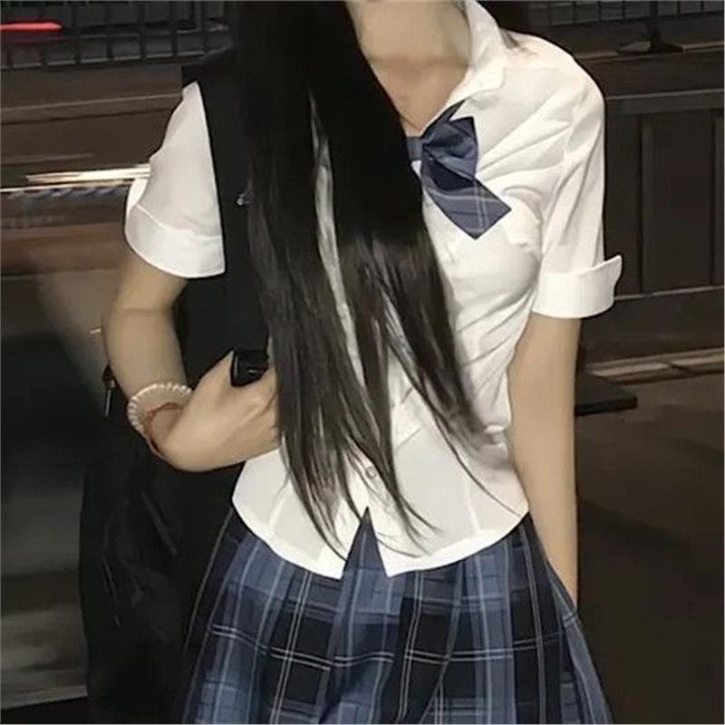 

Женский японский комплект JK-униформы, облегающий, трехпредметный: Блузка с коротким рукавом, клетчатая юбка и платье L