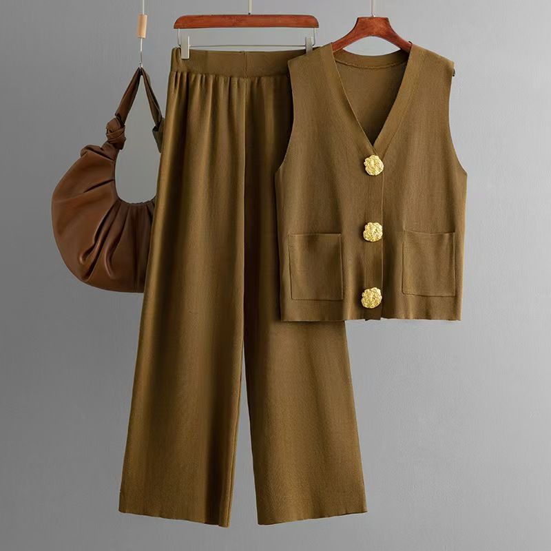 

Модный свитер-жилет в западном стиле, жилет на пуговицах, комплект брюк с широкими штанинами, комплект жилета и брюк, костюм Coffee All yards