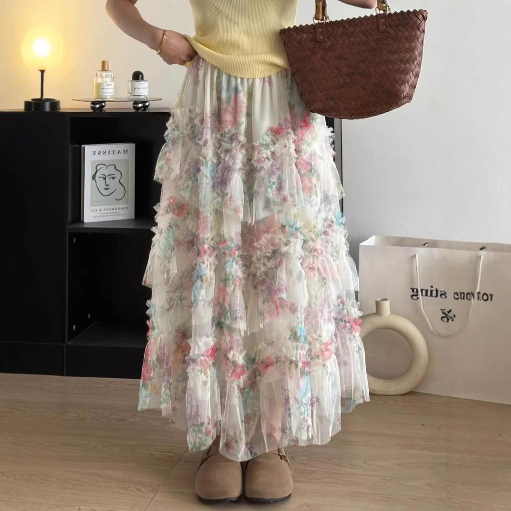 Women's Irregular Floral Half Skirt Spring and Autumn New French Style Long Skirt A-line Skirt