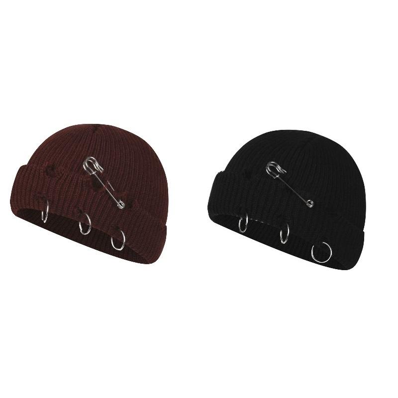 Women Girls Y2k Gothic Beanie Winter Knit Hats Trendy Metal Rings Pin Hip Hop Streetwear Harajuku Skull Cap Emo Scene Grunge