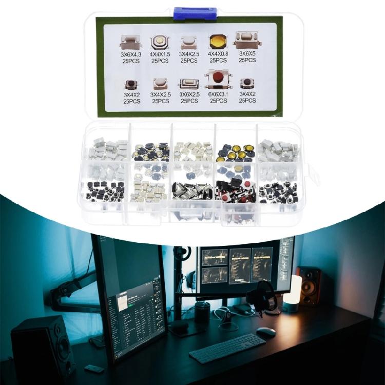 250Pcs 10 Types Tactile Push Button Switches Assortment Plastic Box For Car Remote Key Button Touch Microswitch
