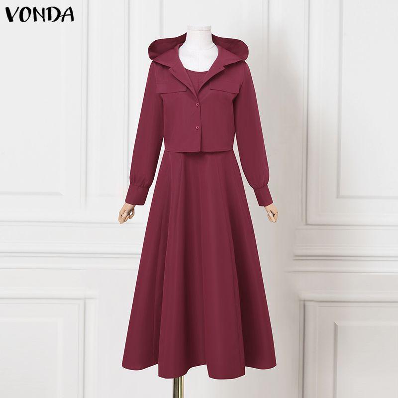 VONDA 2PCS Women Long Sleeve Hooded Tops and Sleeveless Skirts Casual Two Piece Suit Sets