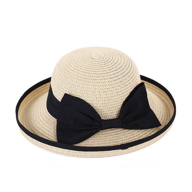 Star bow curled straw hat women's summer versatile travel visor elegant beach sunscreen hat