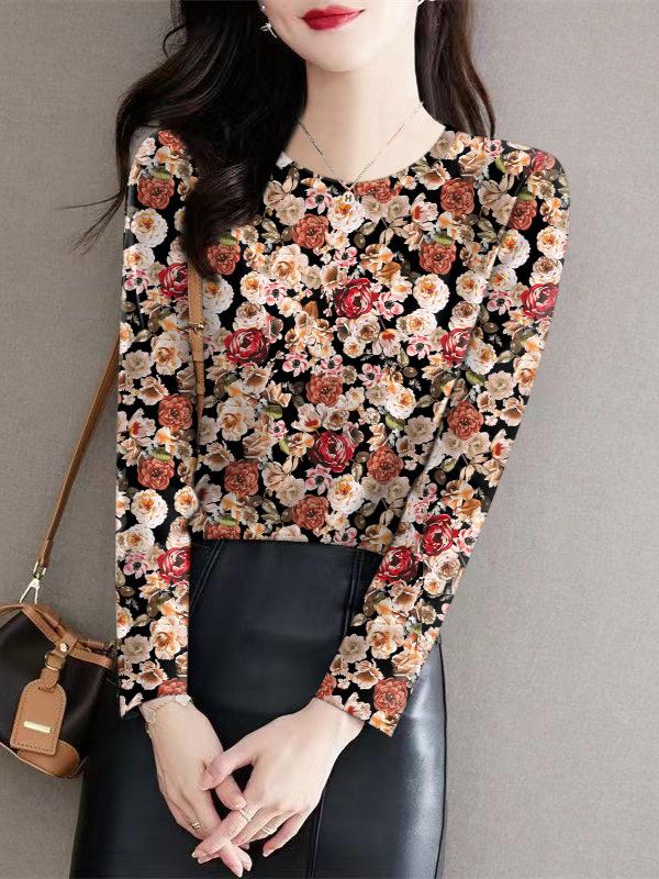 Elegant Floral Round Neck Long-Sleeve T-Shirt for Middle-Aged and Elderly