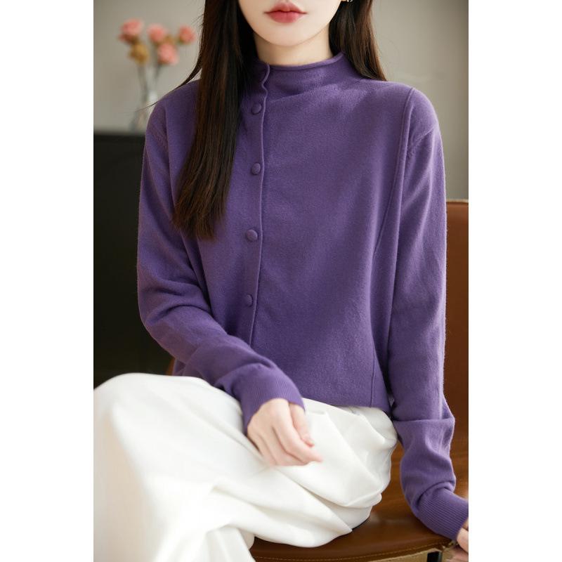 

Chic Women s Solid Color Half-High Neck Knit Cardigan with Diagonal Buttons and Rolled Edges - Autumn/Winter New Style Sweater Jacket Medium