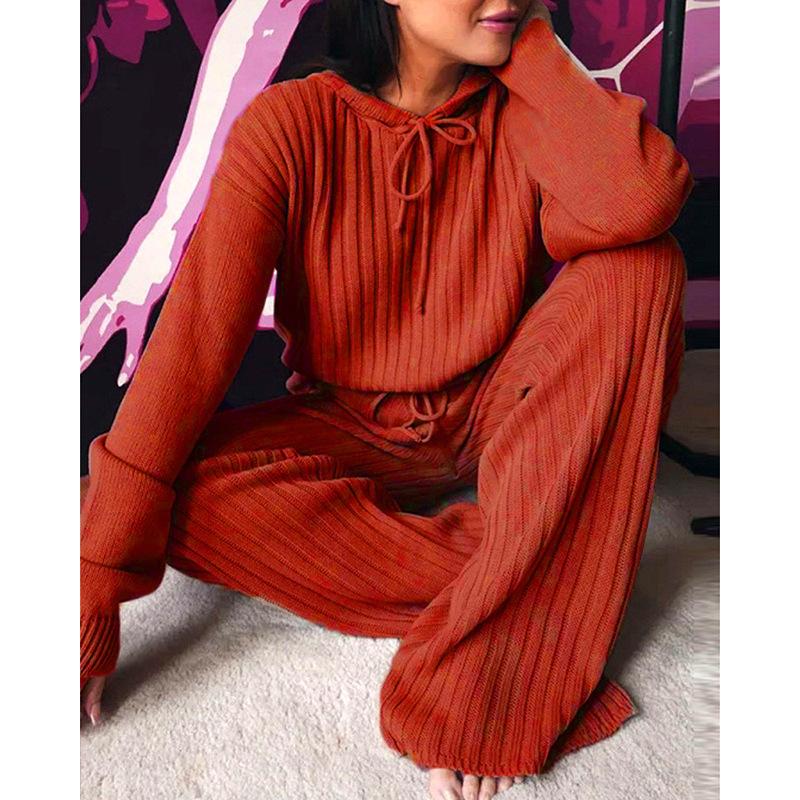 IHUASU Women's Autumn Solid-color Long-sleeved Loose Striped Hooded Casual Suit