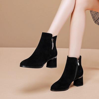 PU-Leder Mittelhohe Kurze Stiefel Damen Dicke Ferse Plüsch Diamant Schrubbleder Damenstiefel Herbst und Winter
