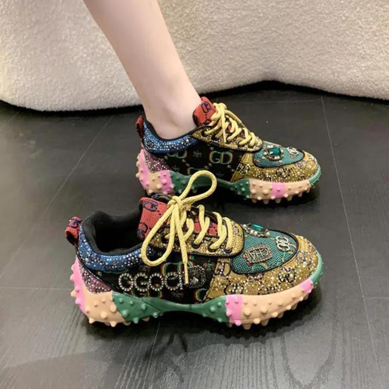 Party Queen Shoes New Rhinestone Womens Sneaksers Diamond Breathable Luxury Casual Thick Bottoms Dad Sports Shoe  Muje