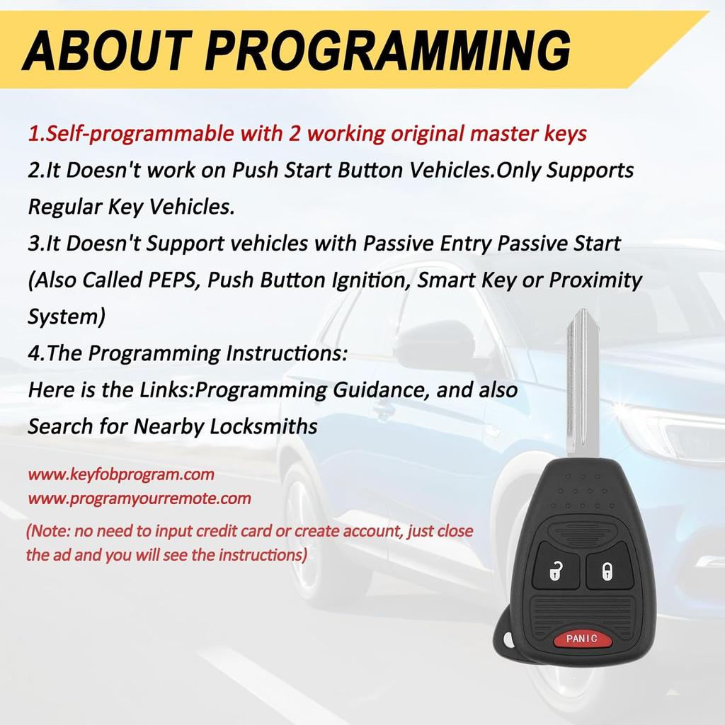 Key Fob Fits for 04-09 Dodge Durango/ 05-11 Dakota/ 06-09 Ram/ 08-14 Avenger/ 07-12 Caliber Nitro/ 06-17 Wrangler/ 07-16 Compass Patriot/ 2006-2010