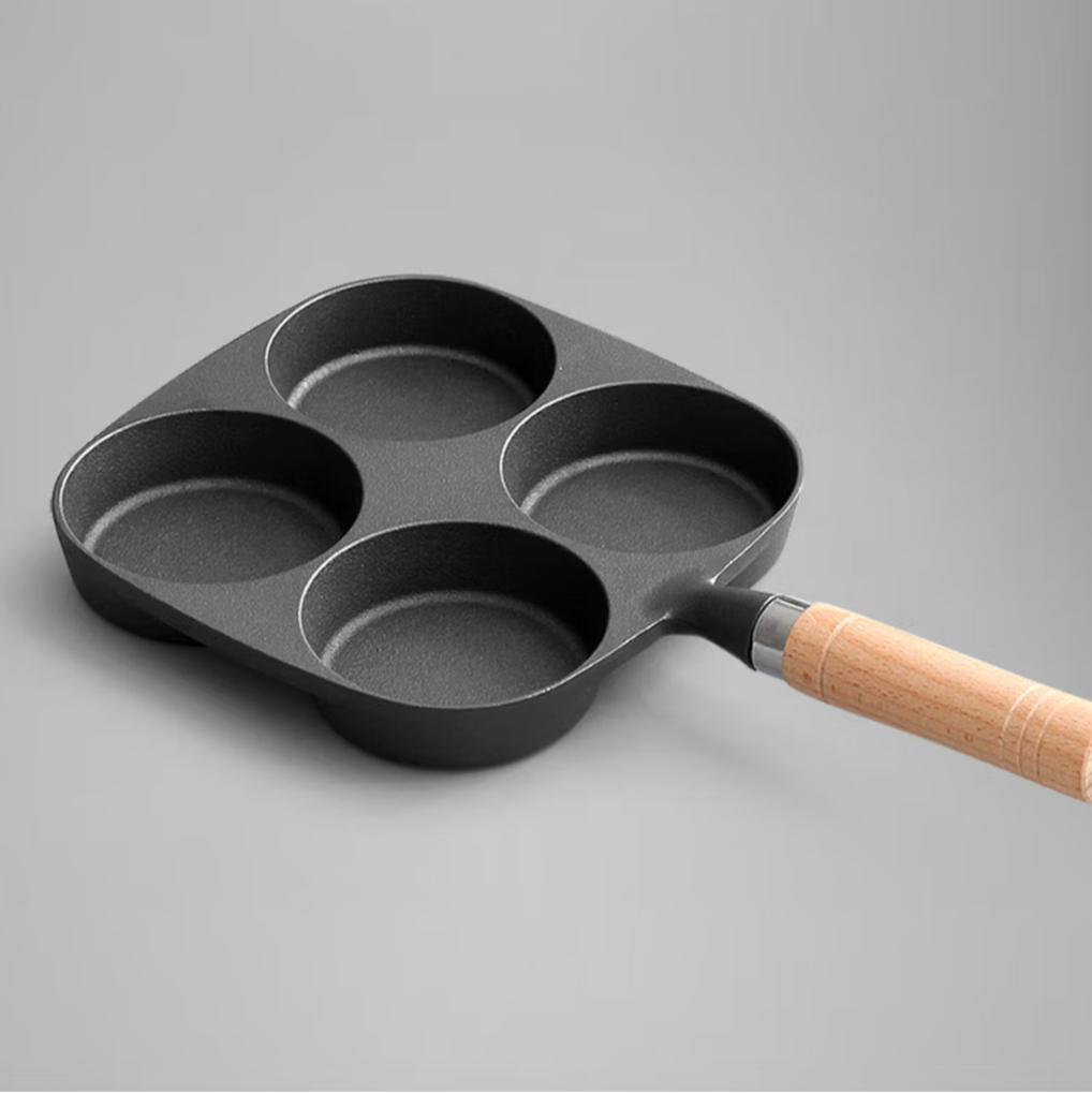 EDGING Four-Hole Cast Iron Frying Pan, Non-Coated and Non-Stick Multi-Functional Breakfast Pan, Flat-Bottom Frying Pan