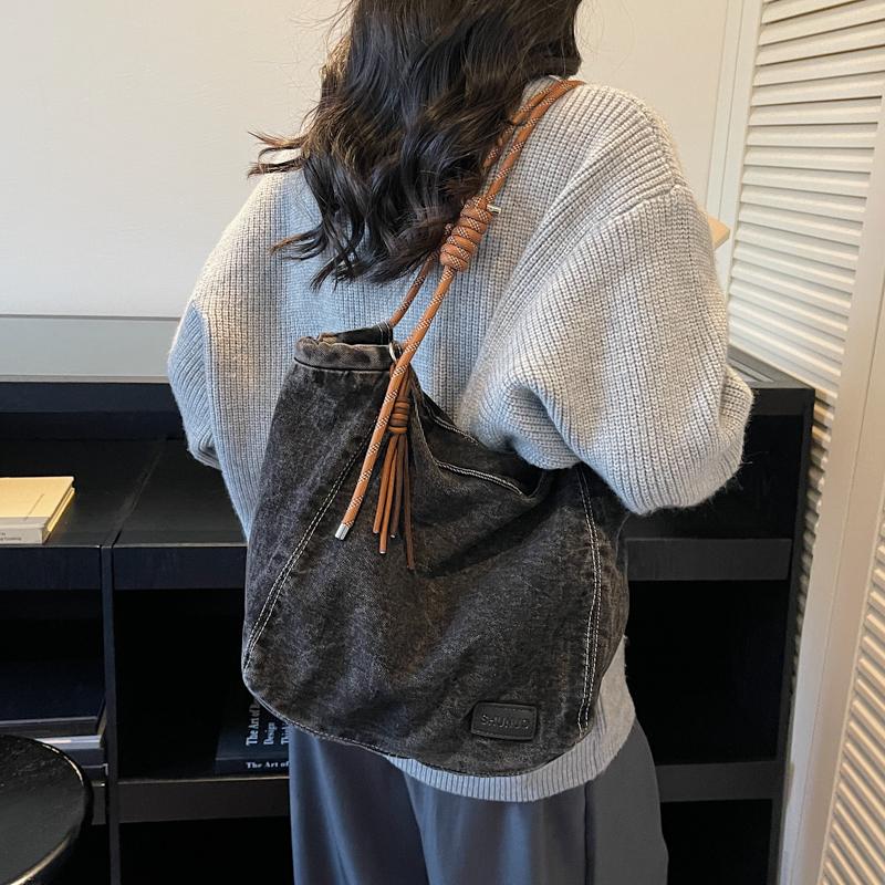 Duża Pojemność Retro Jeansowa Torba Damska Jednokolorowa Na Ramię Crossbody