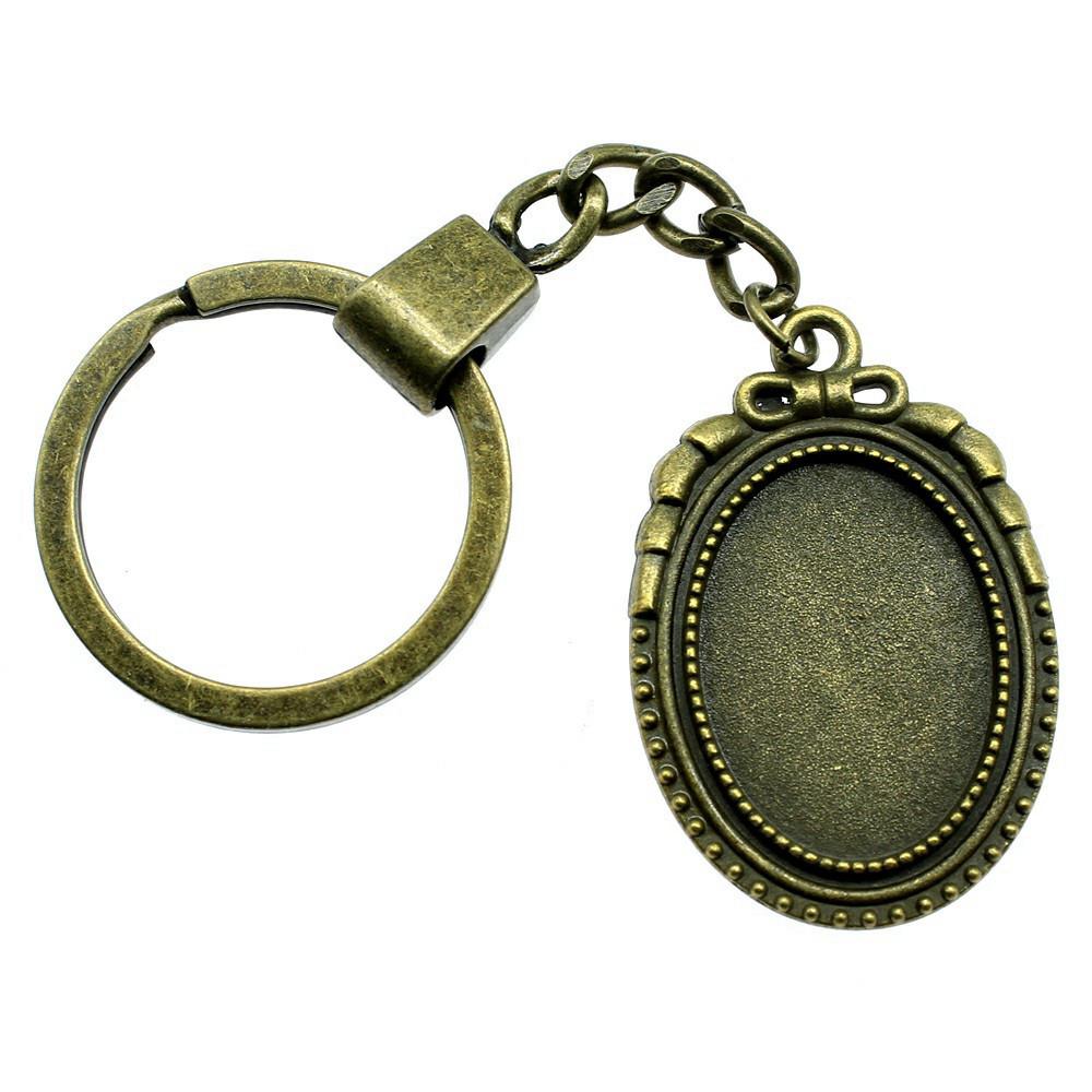 Heart Elliptical Glass Cabochon Base Setting Tray Blank Antique Bronze Metal Keychain for Family Gift