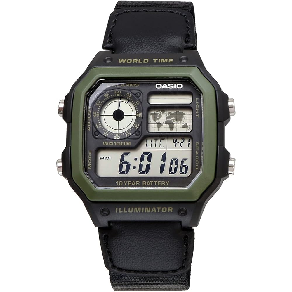 Casio World Time Digital Watch AE-1200WHB-1BV Black Green Color Travel Timepiece