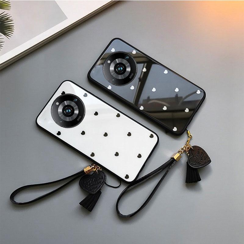 Handyhülle aus gehärtetem Glas mit Herzmotiv für VIVO X100 Pro X100S, stoßfeste harte Rückseite für VIVO X100 S X100 Ultra mit Quastenband