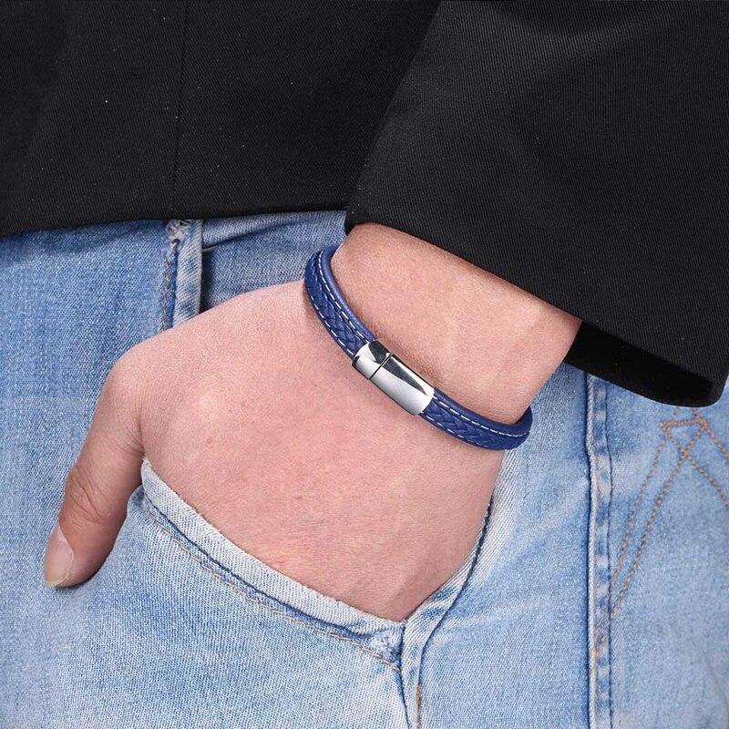 Neuer Punk-Schmuck Herren Blau Geflochtenes Lederarmband Für Männlich Edelstahlverschluss Mode Armreifen Geschenke