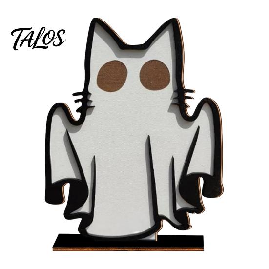 Halloween Theme Room Decor Ghost Cat Ornament, Wooden Decoration, Spooky Cute Desktop Party Props Table Centerpiece for Home Office Desk, Tiered Tray