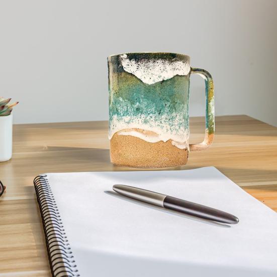 Yousheng Paw Print Ocean Shoreline Mug Ceramic Coffee Cup Handmade Waves Pattern Tea Mug 11oz/15oz Sea Foam Claw Drinking Mug Beach Souvenir Gift