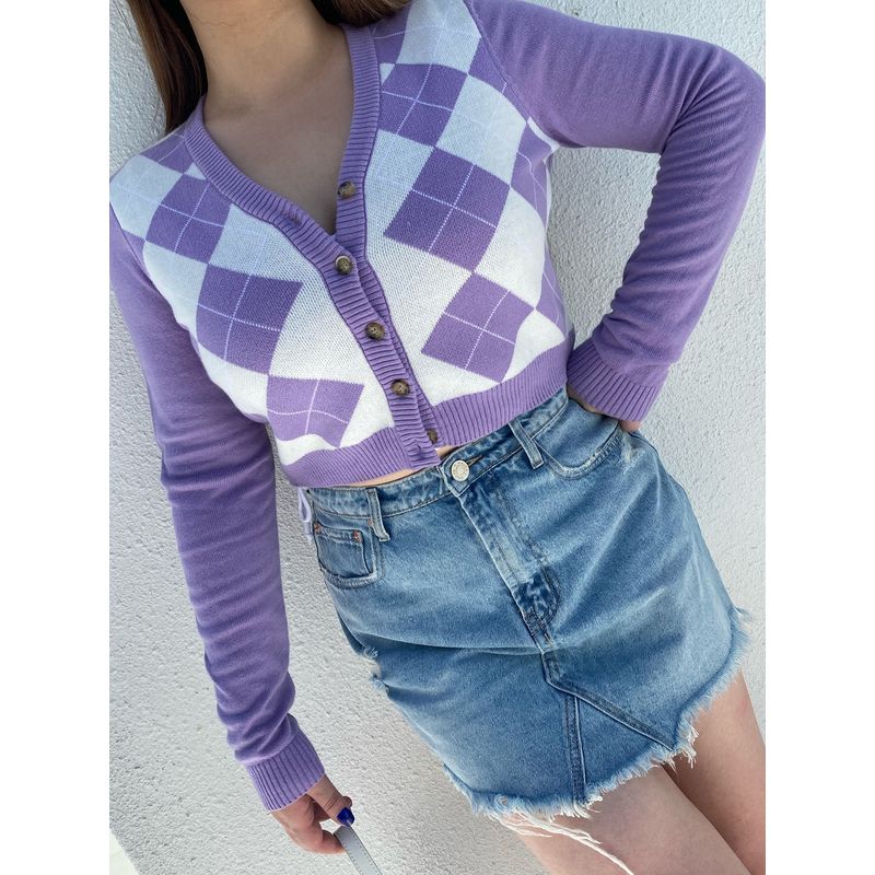 

30% off Miss Biggie Fashion Plus Size Thin and Comfortable Cotton Knitting Diamond Lattice Long Sleeve Cardigan Top Violet XXL