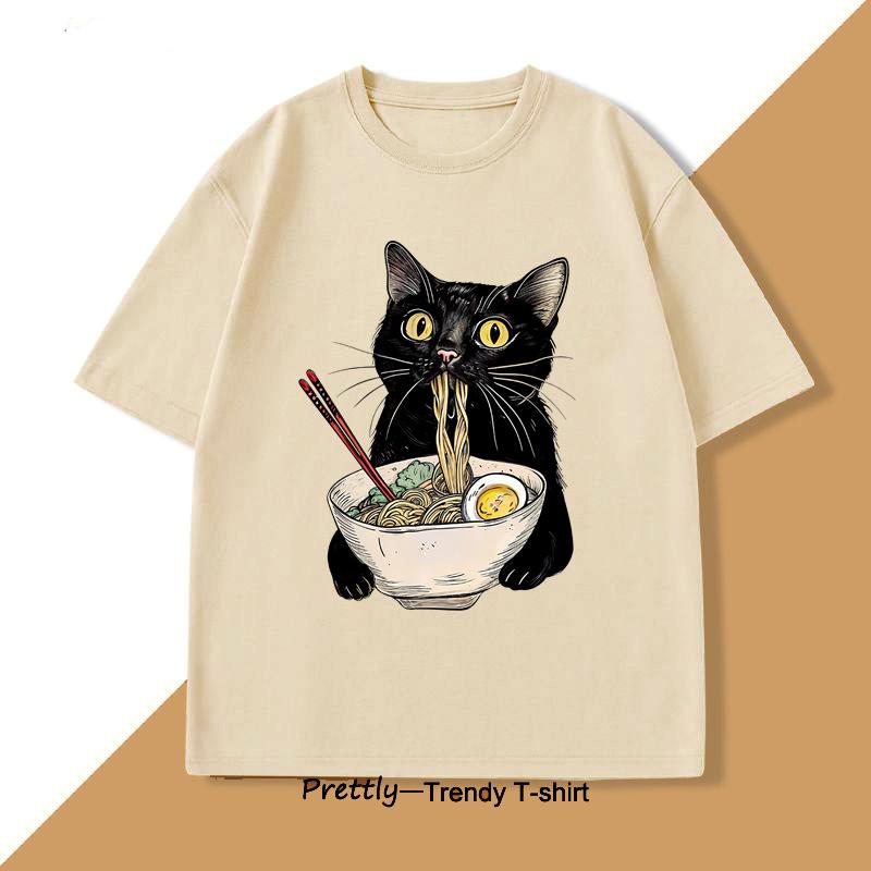 

Футболка Noodle Cat Футболка Ramen Cat Футболки с графикой для любителей еды Ретро печать Мужская Женская футболка Хлопковые футболки Свободная одежда L