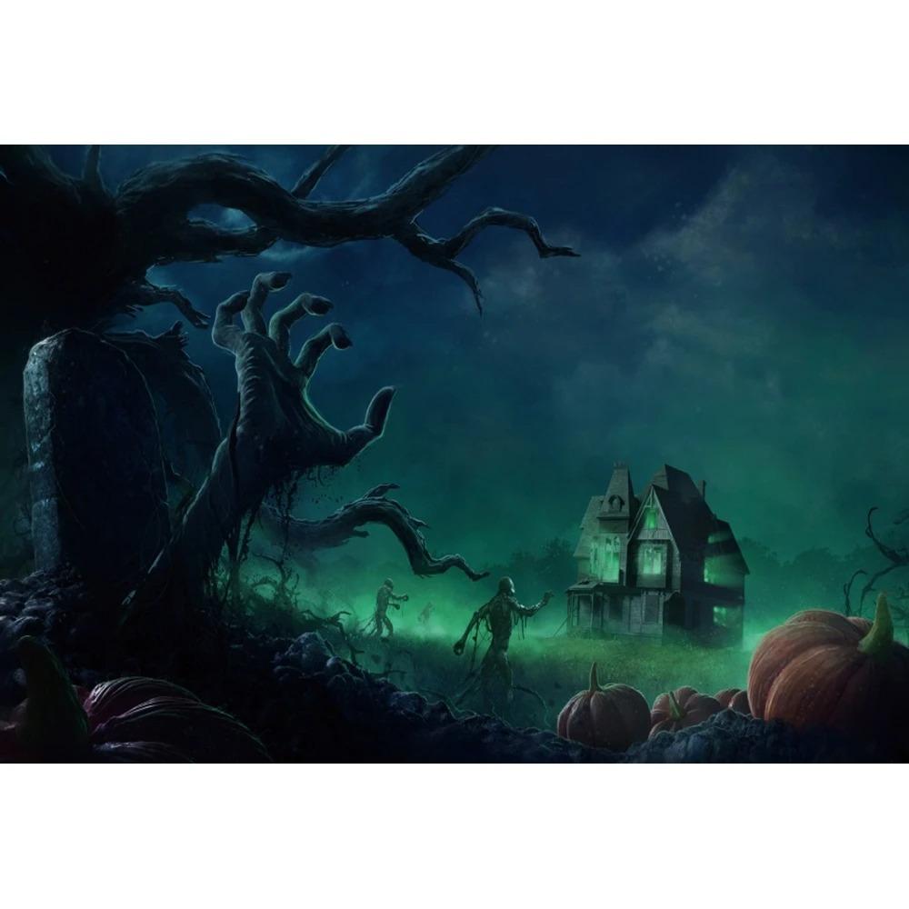 Tapiz de decoración de Halloween, casa embrujada, noche de terror, tumba aterradora, fantasma, calavera, bruja, castillo, fondo, tela, decoración de fiesta