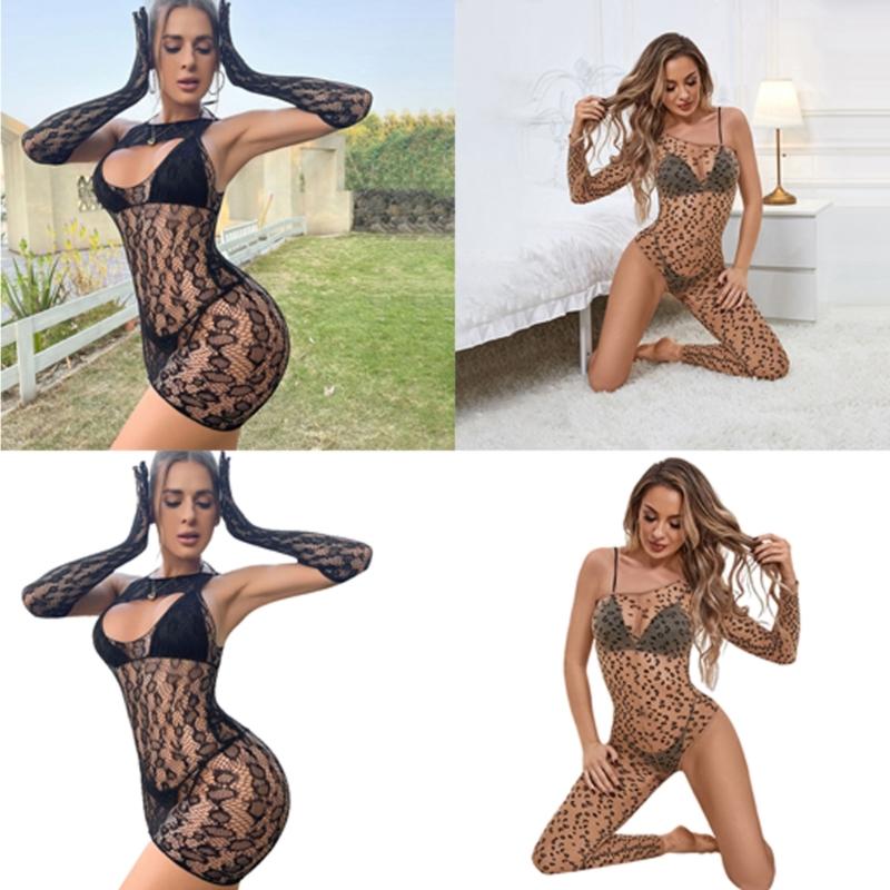 Women Leopard Fishnet Bodystocking Long Sleeve Bodysuit Sexy Hollow Out Mesh Tights Nightwear Erotic Lingerie Jumpsuit