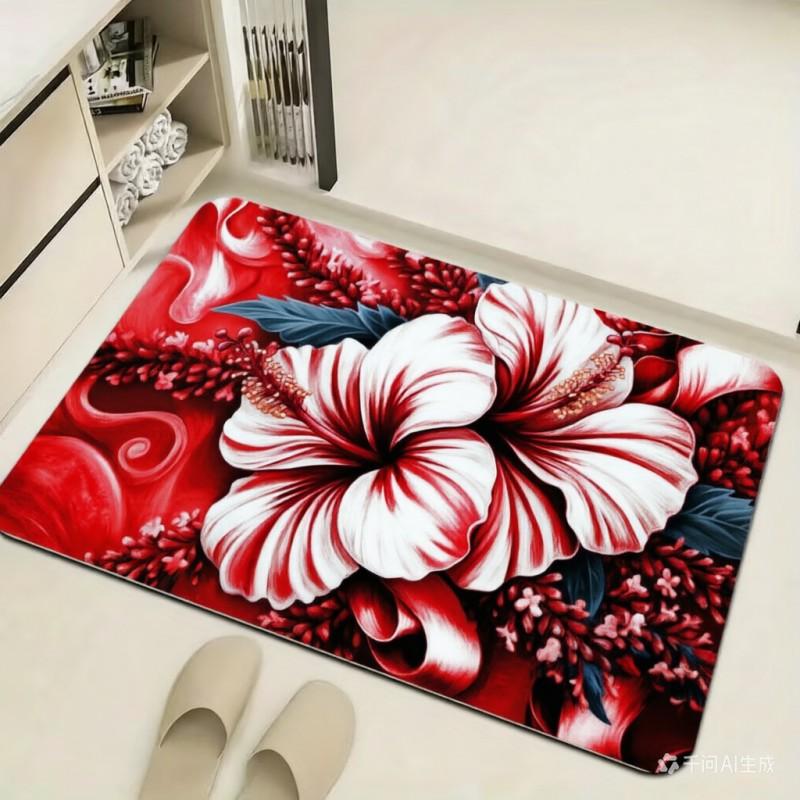 Purple Hibiscus Welcome Doormat Lavender Floral Pattern Floor Rug Indoor Outdoor Entrance Carpet for Living Room Bedroom Decor