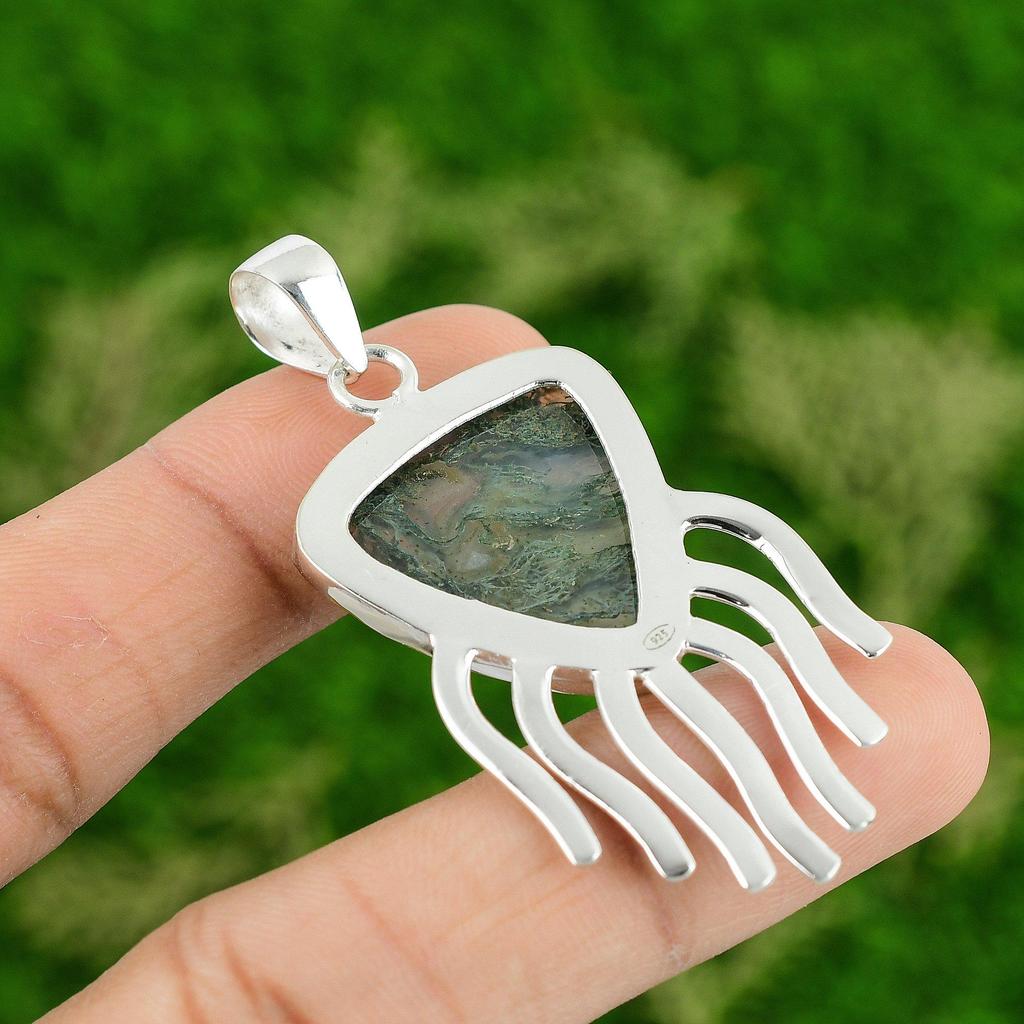 Daughters Day Deal Natural Solar Moss Agate Pendant Jewelry 925 Sterling Silver